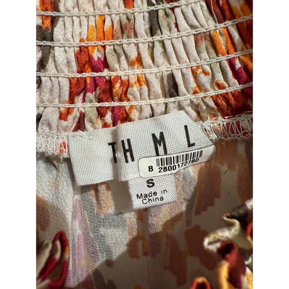 THML Ruffle Sleeve Flower Print Top Fall Colorblock Stripe Detail Smocking S - Picture 3 of 7
